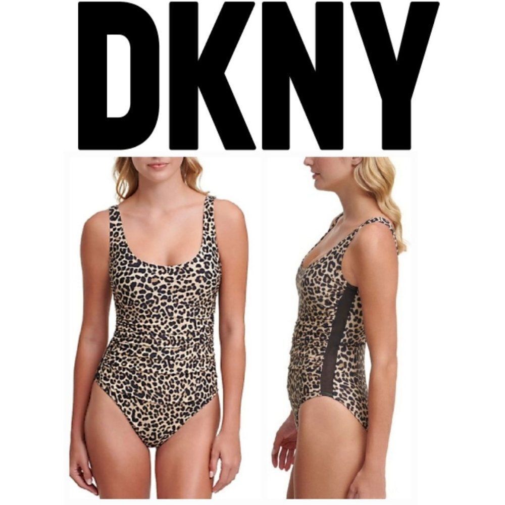 DKNY Women's Printed Leopard Scoop-Neck One-Piece Swimsuit Size 14 - Picture 1 of 16